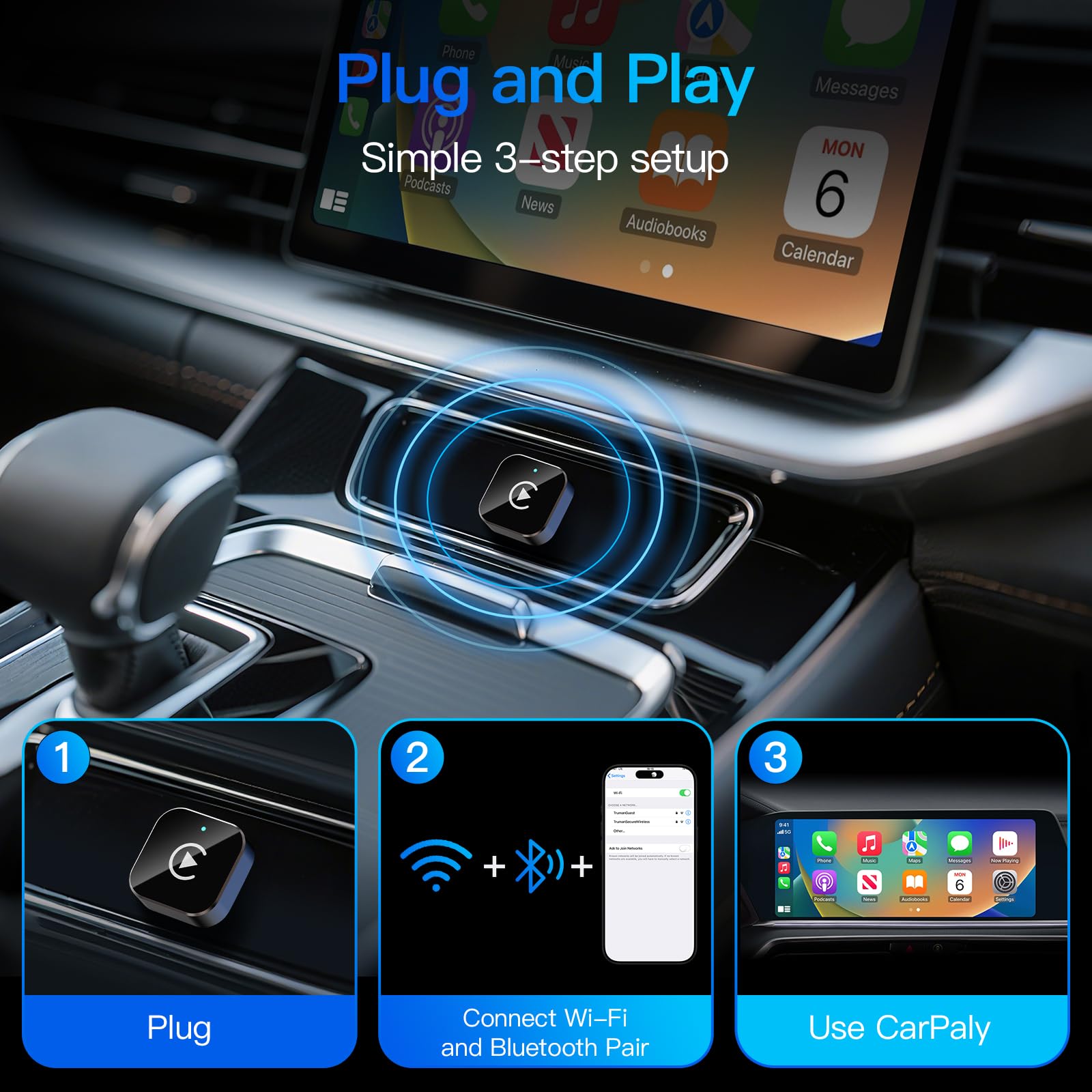 Wireless CarPlay Adapter for Apple iPhone＆Android, Small Size,Plug and Play,Fast and Stable Connection Wireless Adapter for CarPlay＆Android-No Latency to Screen