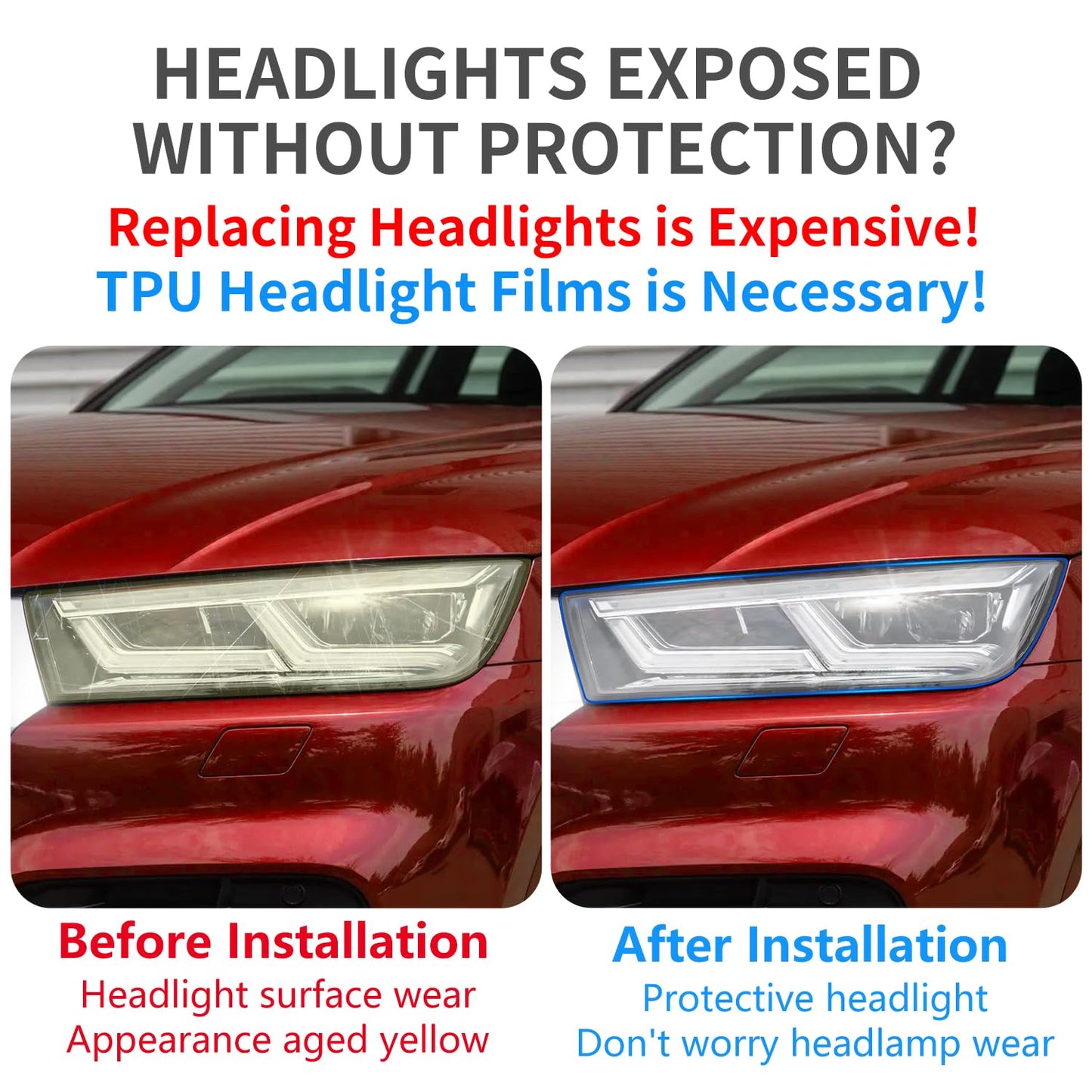 Clear TPU Headlight Protection Film for Audi Q5 & SQ5 2018-2020 — Pre-Cut Invisible PPF, Anti-Yellowing & Scratch Resistant (5-Piece Kit) - Goecice