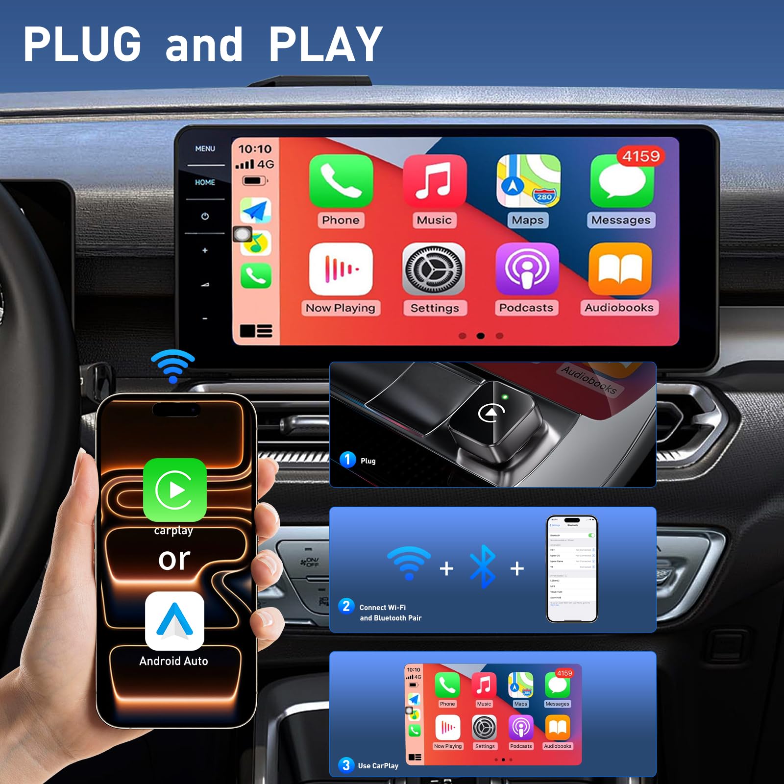 Wireless CarPlay Adapter 2026 Upgrade Mini Design, USB/USB-C Plug & Play Converts CarPlay to Wireless - Easy Use Fast Stable Connection Car Play for iPhone & Android - Goecice Store
