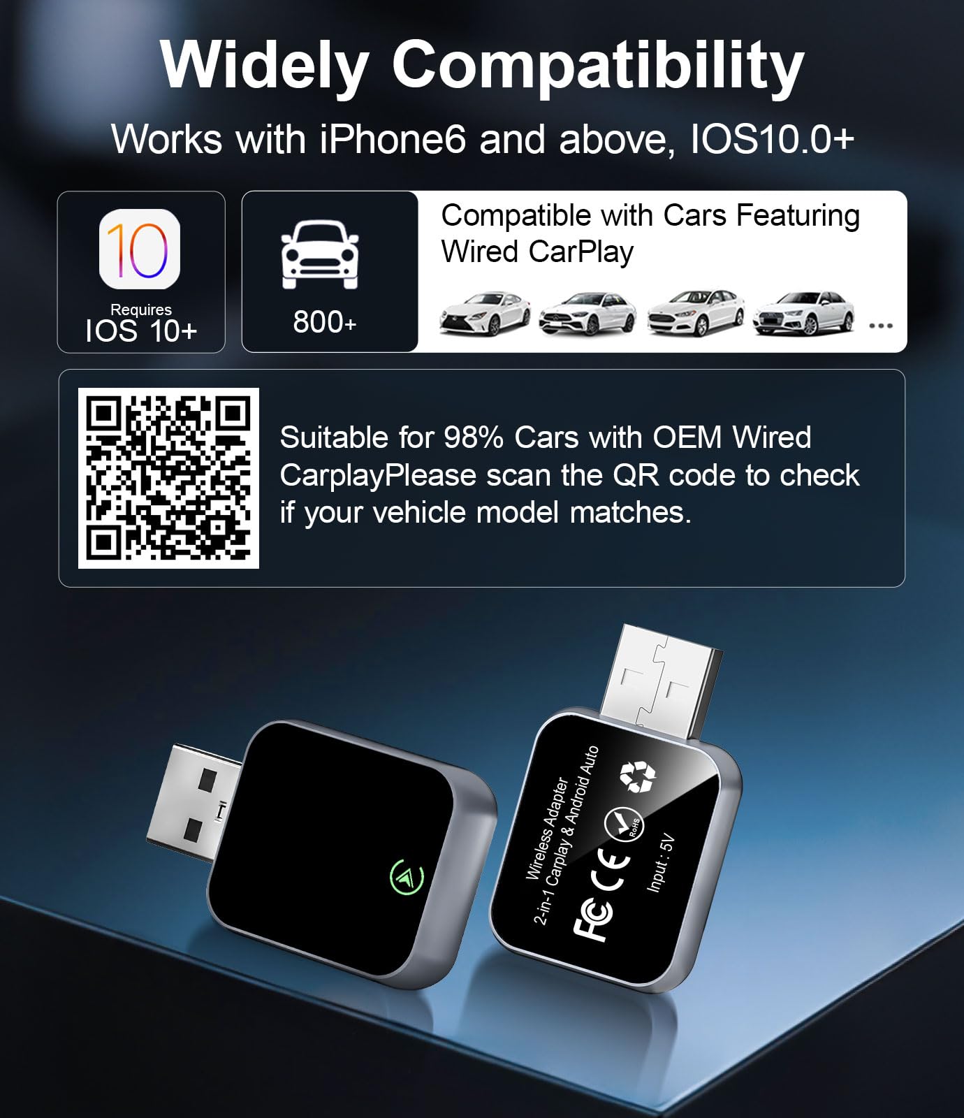 Wireless CarPlay Adapter for iPhone - No Audio Lag, Auto - Connect - Convert Factory Wired to Wireless CarPlay - Bluetooth 5.3 & 5GHz Wi - Fi - Plug & Play (Includes USB A/C) - Goecice Store